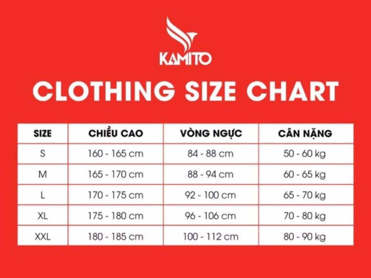 Bảng size bộ quần áo bóng đá Kamito Tornado